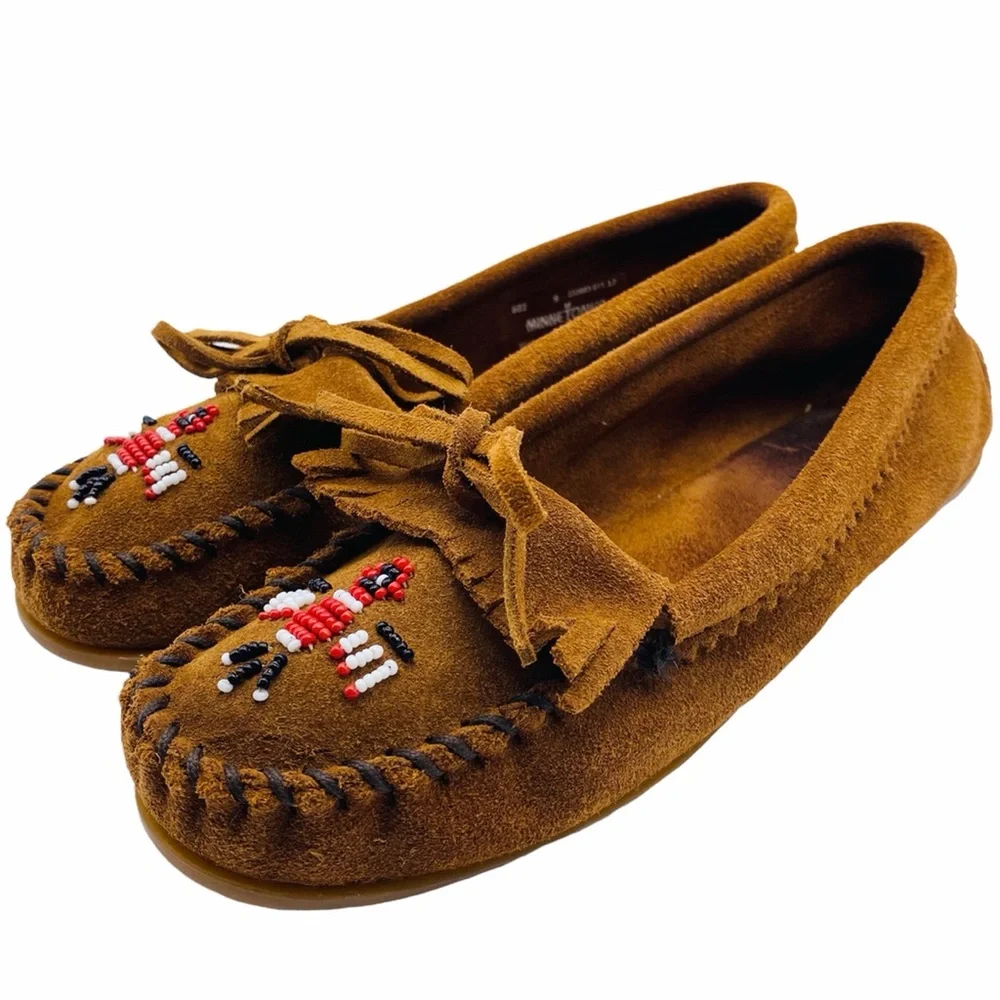 Minnetonka Thunderbird Softsole Leather Fringe Slip On Beaded Moccasin Size 9